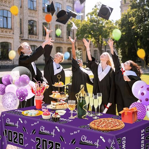 Image of OHOME Graduation Decorations Class of 2026 2027- Graduation Party Decorations 2026 - Disposable Plastic Purple Tablecloth Banner for Class of 2026 Decorations Party Favors Supplies,54 inch X 108 inch,2Pcs