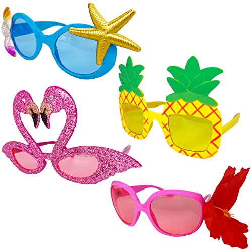 Lentes Fiesta Hawaiana Luau- 4 piezas divertidas gafas sol hawaianas, accesorios gafas fiesta tropical, divertidos regalos fiesta verano niños adultos, decoración suministros fiesta temática de playa