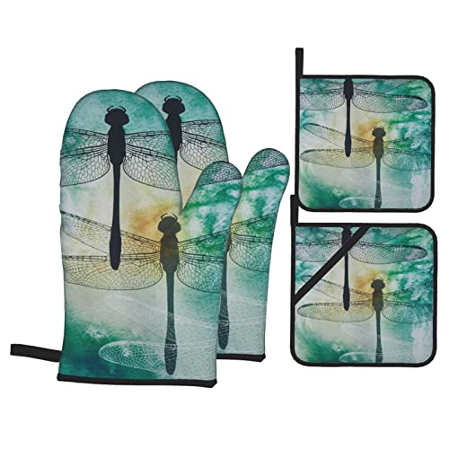 Oven Mitts And Pot Holders Sets Of 4 - Ink Dragonfly Printed Heat Resistant Bbq Waterproof Oven Gloves For Kitchen Cooking Baking Grilling #TOP6