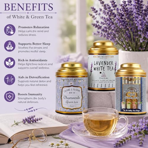 Image of Sancha Tea Boutique, Calming Tea Bundle, Lavender, Chamomile & Mint Herbal Infusions, 50 Pyramid Bags & 100g Loose Leaf, Caffeine Free Relaxation Value Pack