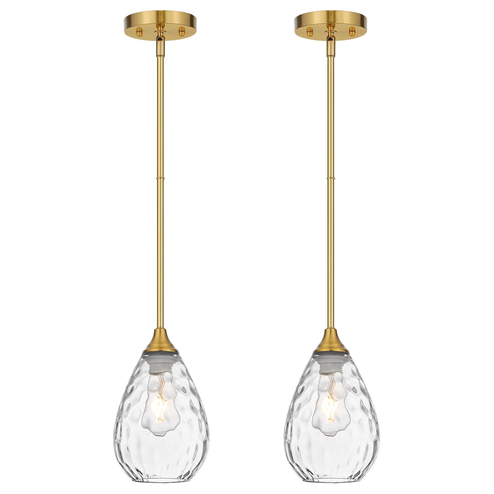 Photo 1 of SADUENFR Brushed Gold Pendant Lights Kitchen Island 2 Pack, Modern Glass Pendant Light Fixtures with Hammered Glass and Rods, Adjustable Brass Hanging Light for Kitchen Sink Dining Room Bathroom