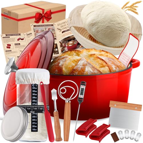 Image of Enameled Cast Iron Dutch Oven Pot with Lid, Incl. Sourdough Bread Baking Supplies Like Banneton Bread Proofing Basket, Starter Jar, Scoring Tool Lame, 5QT Dutch Oven for Bread Baking, Oven Safe up to 500°F