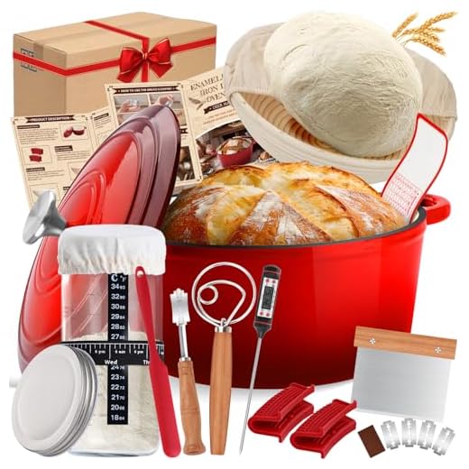Enameled Cast Iron Dutch Oven Pot with Lid, Incl. Sourdough Bread Baking Supplies Like Banneton Bread Proofing Basket, Starter Jar, Scoring Tool Lame, 5QT Dutch Oven for Bread Baking, Oven Safe up to 500°F