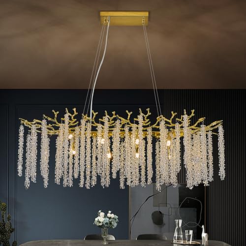 Benkut Modern Tree Branch Crystal Chandelier Luxury Gold Raindrop Pendant Lighting 38" Contemporary 8-Light Chandeliers for Dining Room Kitchen Bedroom Living Room