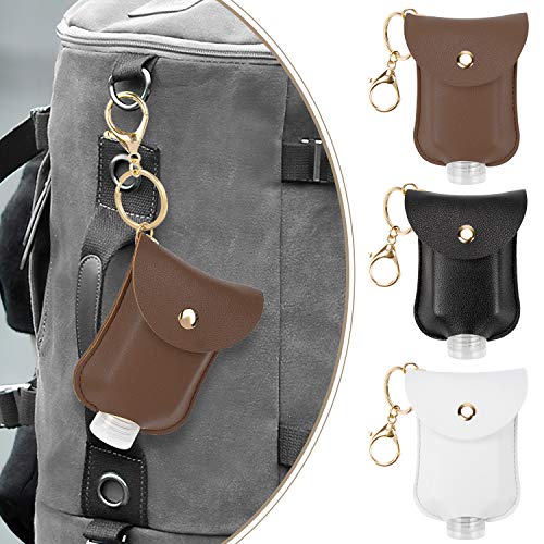 Empty Hand Sanitizer Bottle Carrier with Leather Keychain Holder Case, 3 Pack 2oz Portable Travel Squeeze Plastic Bottle with Flip Cap for Hand Cream, Shampoo and Lotion, Leak Proof Reusable Bottle
