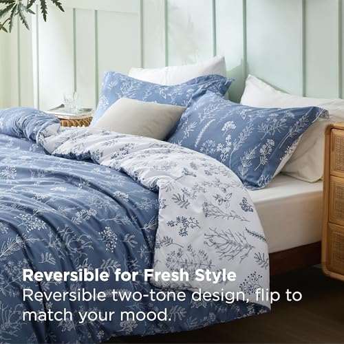 Image of Bedsure King Comforter Set - Infinity Blue Bed Set, 3 Pieces Cute Floral Bedding, 1 Soft Reversible Botanical Flowers Comforter and 2 Pillow Shams