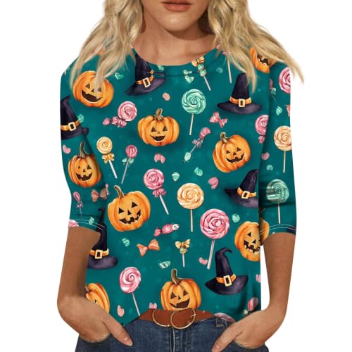 Image of Women Spooky Halloween Graphic Shirt 3 /4 Length Sleeve Crewneck Top | Halloween Funny Printed Pumpkin Plus Size Tshirts 2026 Fall Outfits Skeleton Tee Going Out Tops