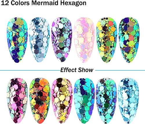 12 Colors Hexagon Chunky Nail Glitters Holographic Nail Stickers Sequins Glitter Mermaid Powder Flakes Shiny Charms Hexagon Nail Designs Suitable For Women Girls Acrylic Nails Decoration Crafts #TOP4