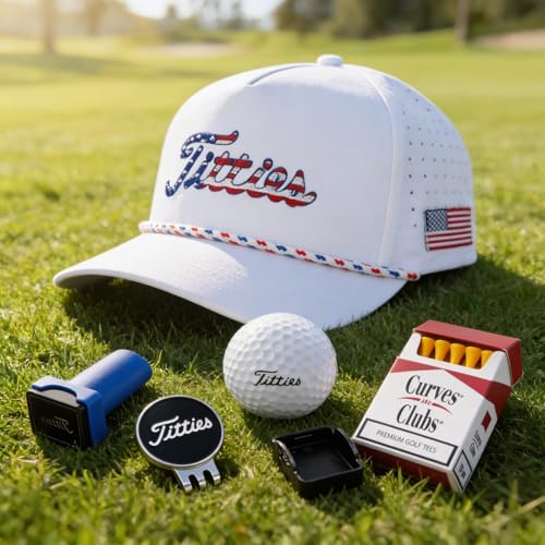 Image of Curves & Clubs Titties Golf Hat, Funny Rope Snapback for Men with USA Flag, Breathable Performance Golf Cap