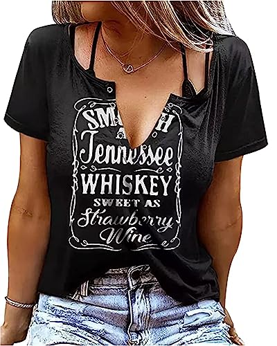 Eniloyal T Shirt Damen V Ausschnitt Sommer Top Oberteile Baumwolle T-Shirts Kurz Elegant Graphic Tee Schwarz L