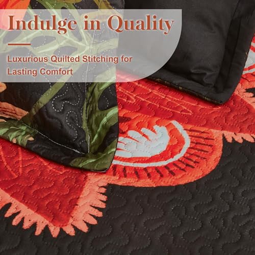 Image of Tyrot 3 Piece Black Red Boho Floral Quilt Sets King Size Farmhouse Reversible Lightweight Bedspread Coverlet with 2 Shams Vintage Mid Century Microfiber Bedding Quilts Set for All Season, 106''x96''