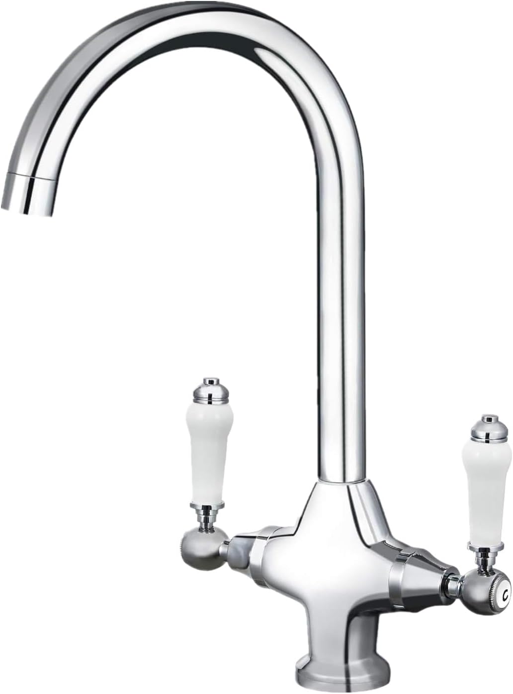 Funime Traditional Kitchen Sink Mixer Tap with Ceramic Dual Lever, Monobloc Victorian Style Kitchen Tap 1 Hole Elegant Brass Chrome Swivel Mono Retro Vintage Sink Faucet with Flexible Hoses