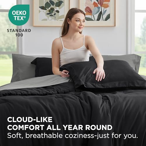 Image of Bedsure Queen Comforter Set - 7 Pieces Black Queen Bedding Set for All Seasons, Boho Contrasting Design Bed in a Bag with Comforter, Sheets, Pillowcases & Shams