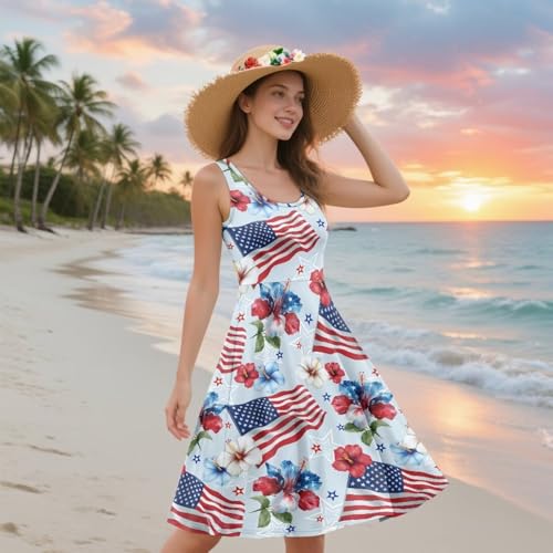 Image of Women's Casual Loose Sundress Midi Sleeveless Crewneck Dress Summer Beach Tank Dress with Pockets