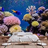 Murali da parete personalizzabili, vivace barriera corallina subacquea - Fotografia colorata di pesci marini blu Tang Habitat, carta da parati autoadesiva in tessuto per soggiorno