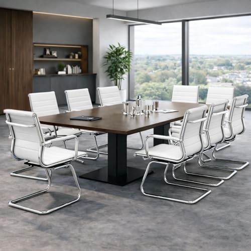 Image of Conference Room Chairs Set of 4, Waiting Room Chairs with Arms, Faux Leather Reception Chairs No Wheels, Office Guest Chairs with Mid Back Support and Chrome Sled Base, WhiteWhite