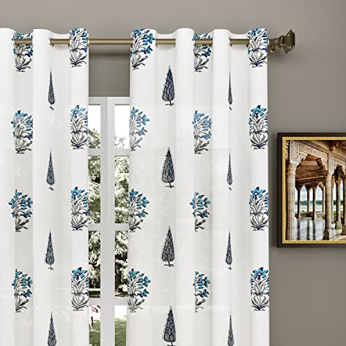 Image of BLOCKS OF INDIA Hand Block Printed Cotton Linen Daylight Door Curtain (Style 3, 7 Feetsemi Sheer, Grommet, Multicolor)