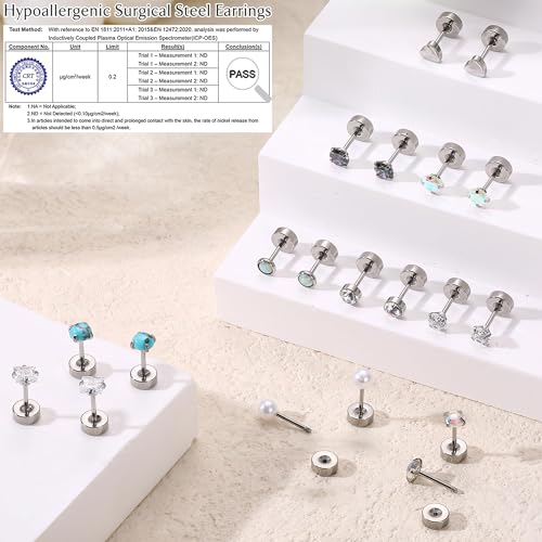 LOLIAS Hypoallergenic Surgical Steel Earrings for Sensitive Ears - Flat Back Stud Earrings 20G Cartilage Earrings Opal CZ Pearl Small Sleep Nap Earring3