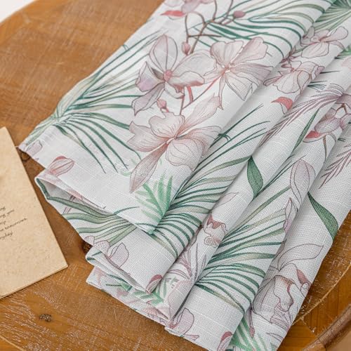 Image of SUOUO Green Tropical Palm Leaf Semi Sheer Curtains 84 inches Long Linen Textured for Living Room Patterned Red Floral Window Drapes for Dining Bedroom 2 Panels