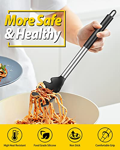 Pack Of 2 Silicone Pasta Fork, Kitchen Heat Resistant Noodle Spoon Server, Bpa Free Spaghetti Strainer,Best Cooking Tools (Black -Red) #TOP2