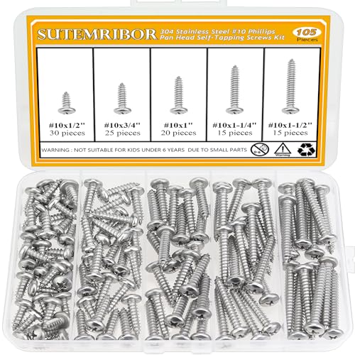 105 piezas #10 x 1/2" tornillos para madera con cabeza pan Phillips autorroscantes, acero inoxidable 304