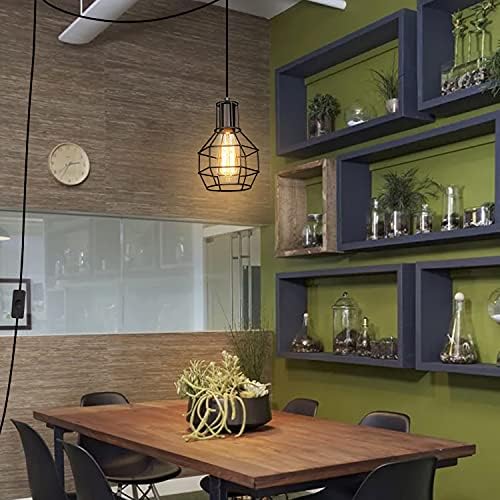 Industrial Vintage Plug in Pendant Light,Retro Plug in Ceiling Light,Black Metal Cage Hanging Lamp with 6M Cable,Vintage E27 Lamp Holder,Adjustable Plug in Light Fixture Fitting for Kitchen Cafe Bar