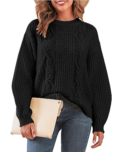 Image of ZAFUL Womens Sweater Cable Knit Oversized Sweaters Crewneck Long Sleeves Casual Knit Pullover Tops