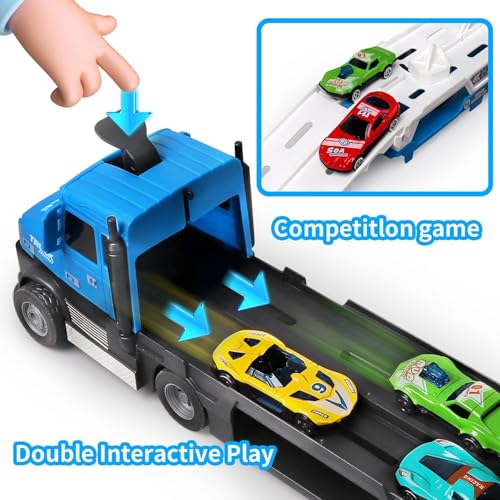 Image of Happy Hues Big Hauler Storage & Deform Truck Toy with 55 inch 2 Ejection Race Track & 6 Cars- Catapult Truck with LED Light & Music for Kids (Blue)