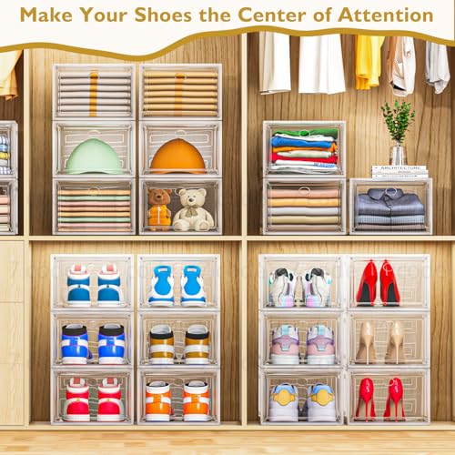 Thickened Clear Shoe Storage Organizer with Magnetic Door, Sturdy Stackable Shoe Boxes for Closet, Collapsible Space-Saving Shoe Rack for Sneakers & Boots, Plastic Shoe Cabinet Box Set, 6 Pack, White - Image 3