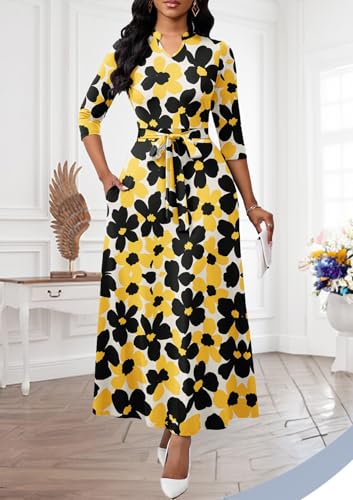 Image of BubFee Maxi Dresses for Women Semi Formal Long Dress 3 /4 Sleeve Casual A-line Church Dresses with Pockets