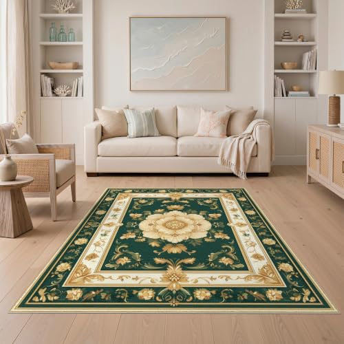 ODIKA 5'x7' Deep Green Gold Floral Elegance Washable Area Rug