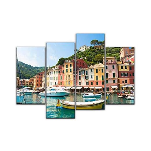 Sudoiseau Wall Art Painting Beautiful Portofino Liguria, Italy Harbor famouss and Pictures Pictures Canvas Prints Poster Oil Paintings Landscape Paint Modern Home Decor Artwork Gift, 4 Panels