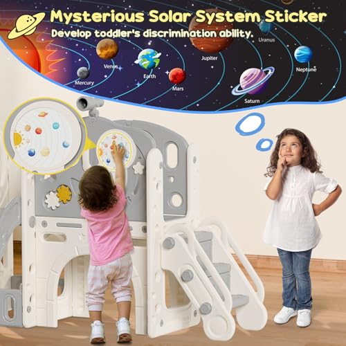 BIERUM 10 in 1 Toddler Slide, Astronaut Themed Baby Slide for Toddlers Aged 1-3, with Astronaut Design, Phone Call Design and Basketball Hoop, Toddler Playset Toddler Playground Beige Gray - Thumbnail 5