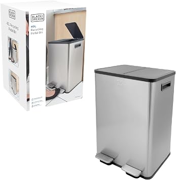 BLACK+DECKER BXBN0003GB Double Recycling Waste Kitchen Bin with Soft Close Lid, Stainless Steel, 60cm x 39.5cm x 34cm, Cool Grey