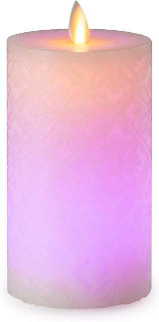 Flameless Candles, Real Wax Safety LED Candle - 3 AAA Battery Operated(not Included) - D: 3.2'', H: 6'', Ivory Shell, Openwork Pattern, Dancing Flame, 18 Key Remote Control, 12 Colors, Timer, Flicker