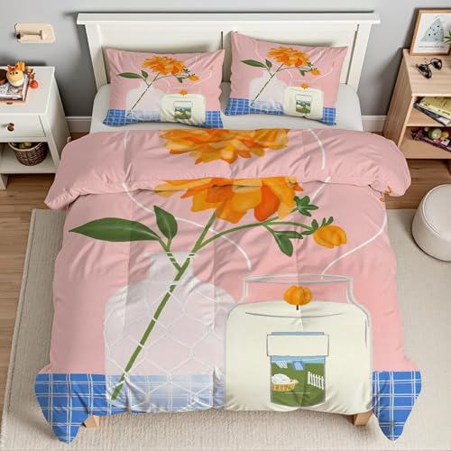 Housse de couette 220x240 rose et blanche parure lit fleurs microfibre KG785 - 3