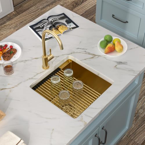 Image of 17 inchx17 inch Gold Bar Prep Sink Undermount Workstation | Brushed Gold NANO-PVD 16 Gauge T304 Stainless Steel Single Bowl Under Counter Basin for RV Kitchen Wet Bar Prep Station