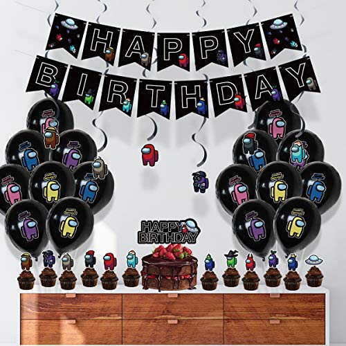 Popular Game Among Us Party Decoration Set of 136, Among Us Party Supplies Include Happy Birthday Banner, Latex Balloons, Cake Cupcake Toppers, Stickers for Among Us Fans - Thumbnail 4