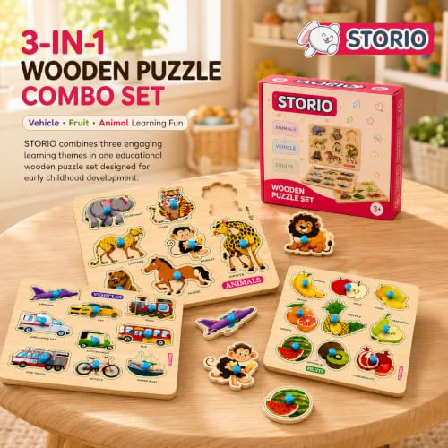 Image of Storio Wooden Puzzle Combo Set for Kids, Vehicle Fruit & Animal Knob Puzzles, Montessori Educational Learning Toy, Fine Motor Skill Wooden Board for Toddlers Boys Girls Age 2+ Years