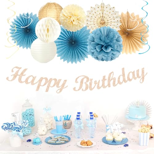 Image of Light-Dusty Blue Beige-Champagne Women Birthday-Decorations - 21pcs Boho Neutral Happy Banner Garland,Paper Streamers Lanterns,Flower Tissue Pom Poms Fan Supplies,Wall Backdrop Party Decor Huglony