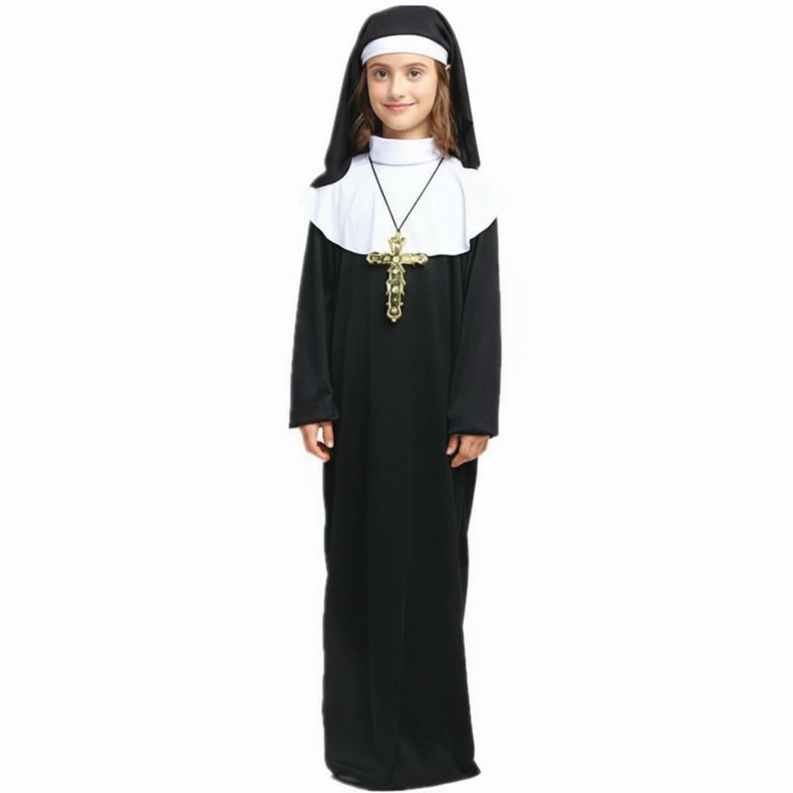 Colcolo Children Nun Costume Classic Headpiece Long Robe Character Outfit Comfortable Polyester Habit Dress Suitable for Halloween Christmas School Plays, M