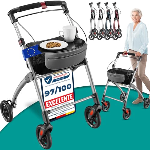 ELONEO Andador para Ancianos con 4 Ruedas - Plegable, Ligero y Compacto, Andador Adulto para Interiores, Ancho 54 cm, Incluye Bandeja y Cesta de Tela, Ayuda a la Movilidad de Aluminio Plateado