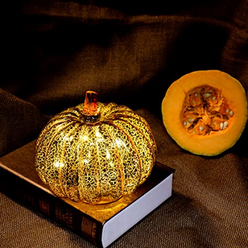 Image of Romingo Mercury Glass Pumpkin Light with Timer for Halloween Pumpkin Decorations Fall and Thanksgiving Christmas Decor,Gold, 5.5 inches