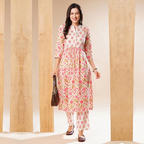 Image of Globus Women Ivory Floral Print A-Line Kurta Set With Trouser-3638388001