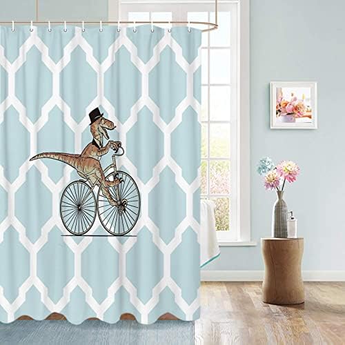 Vandarllin Funny Shower Curtain, Bicycle Dinosaur Geometric Kids Shower Curtains Set with Hooks, Blue Waterproof Fabric Bathroom Curtains Decor Home Accessories,72 X 72 Inch Long