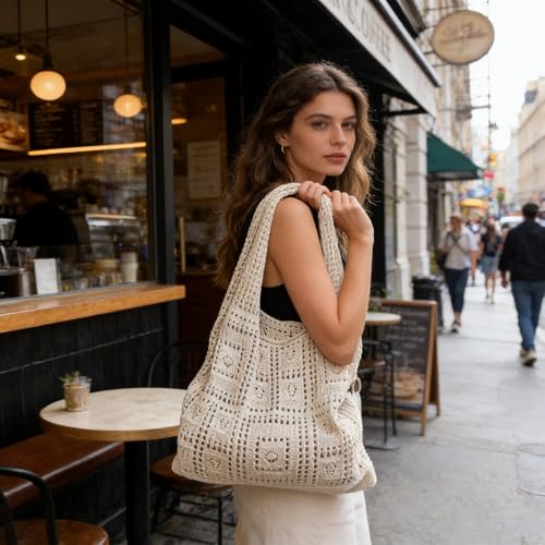 Sacola vintage quadrada de crochê para mulheres, bolsa de ombro casual de grande capacidade, bolsa de mão de malha oca adequada para uso diário na praia e férias (bege)