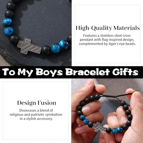 Patriotic Christian Cross Bracelet - Adjustable Blue Tiger Eye Beads Bracelet Faith Jewelry Gift for Students & Young Professionals Men with Scripture Card4