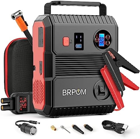 BRPOM Car Jump Starter with Air Compressor, 150PSI 5000A Peak 24000mah (Up to All Gas or 8.0L Diesel Engine, 50 Times) Portable Jump Starter 12V Auto Battery Jump Pack QC 3.0 with 160W DC Out