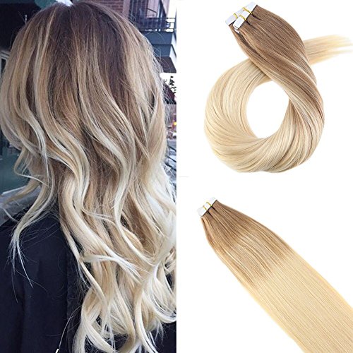 Moresoo 18inch Tape in Hair Extensions Human Hair Blonde Hair Real Human Hair 20pcs 50g Remy Human Hair Extensions Tape on Balayage #6 Brown to Blonde #60 Glue on Hair Seamless Skin Weft Hair
