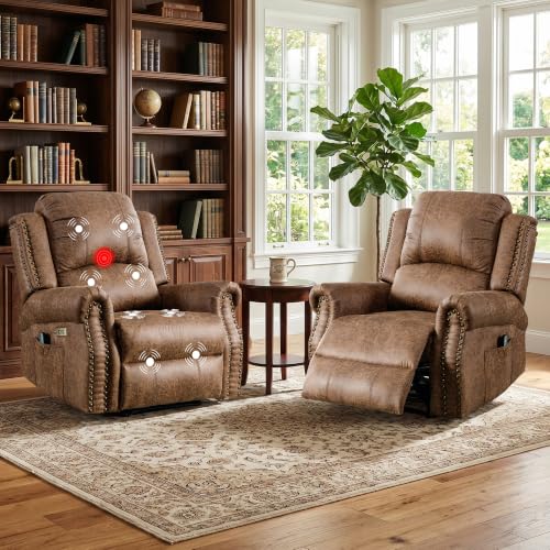 Image of HAOMARKETS Classic Power Recliner Chair Set of 2 with Massage and Heat, Breathable Faux Leather Electric Recliner with USB Port, Overstuffed Reclining Sofa with Rivets for Living Room, Brown